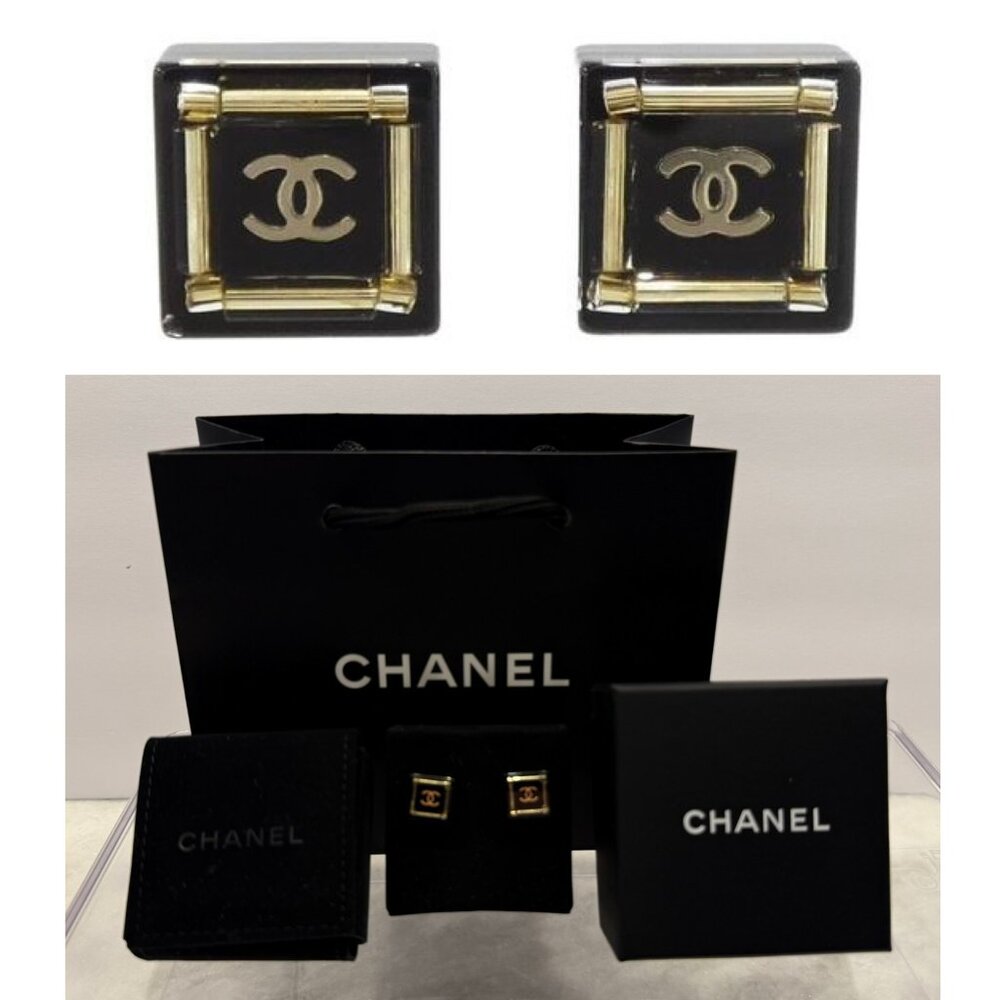 Vintage CHANEL Black and Gold Square CC Earrings
